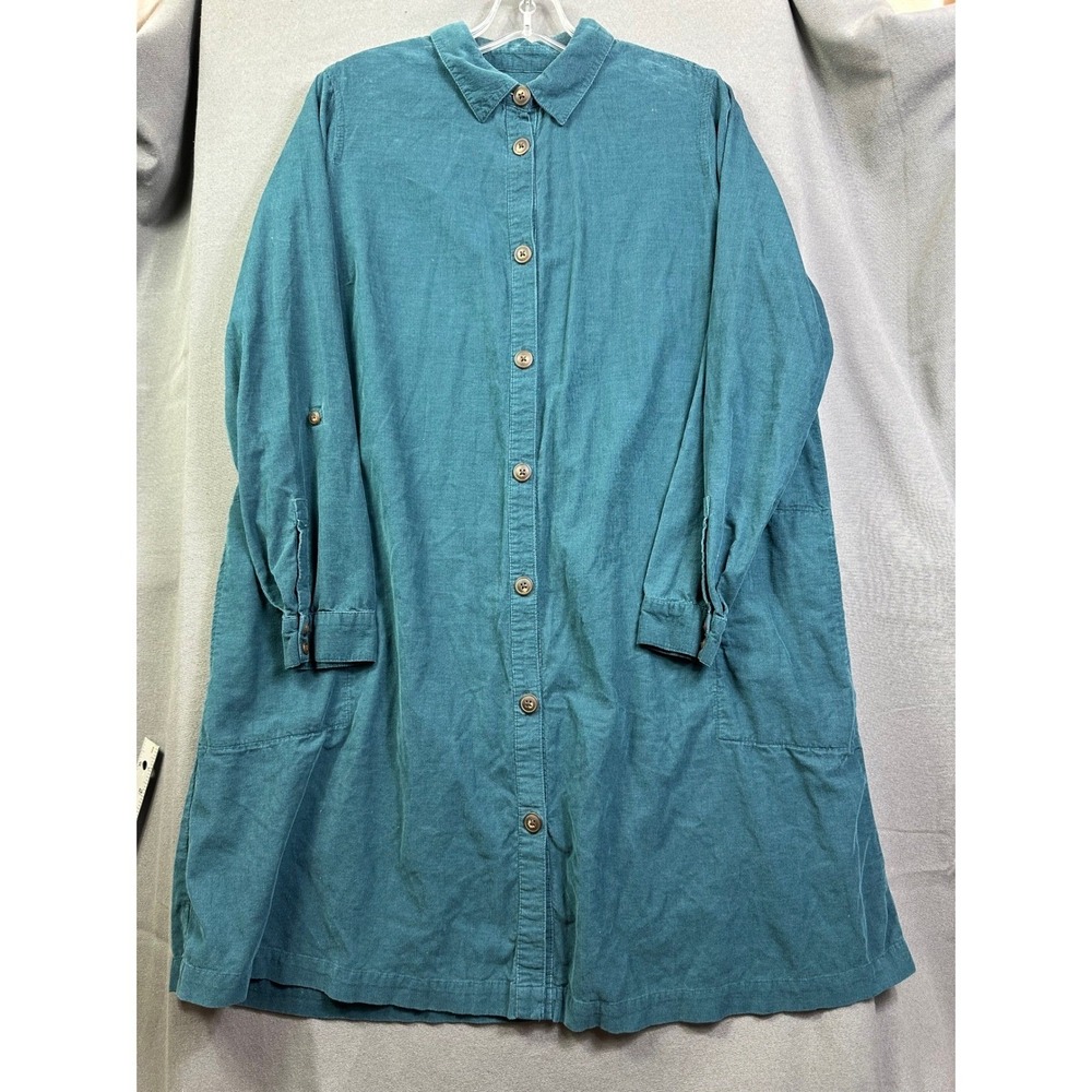 J Jill Green Corduroy Button Down Shirt Dress Long Sleeve Pockets Women M